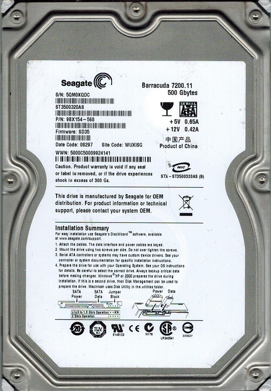 ST3500320AS Seagate P/N: 9BX154-568 F/W: SD35 WUXISG 500GB