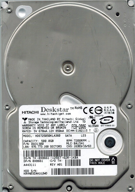 Hitachi HDS725050KLA360 MLC: BA1541 P/N: 0A31300 500GB