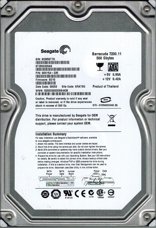 ST3500320AS P/N: 9BX154-335 F/W: SD15 KRATSG Seagate 500GB