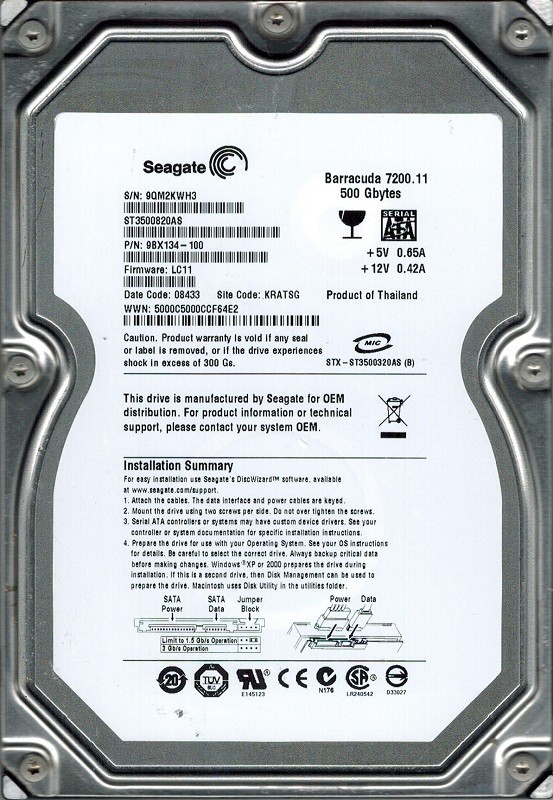 Seagate ST3500820AS P/N: 9BX134-100 F/W: LC11 500GB KRATSG