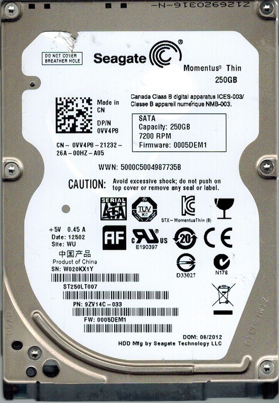 Seagate ST250LT007 P/N: 9ZV14C-033 F/W: 0005DEM1 250GB WU