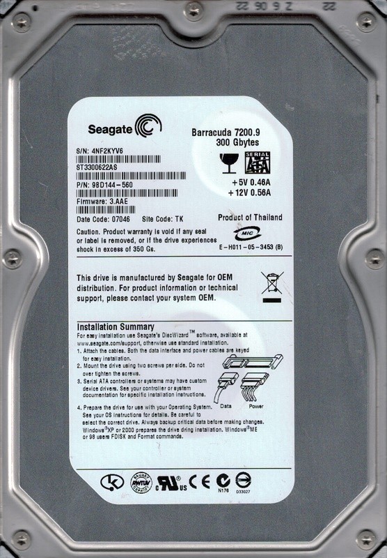 Seagate ST3300622AS P/N: 9BD144-560 300GB F/W: 3.AAE TK