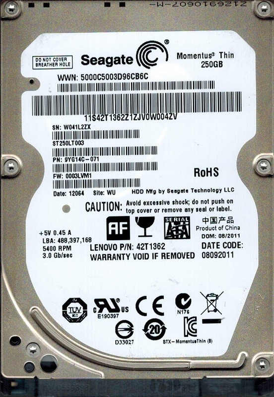 Seagate ST250LT003 P/N: 9YG14C-071 F/W: 0003LVM1 250GB WU