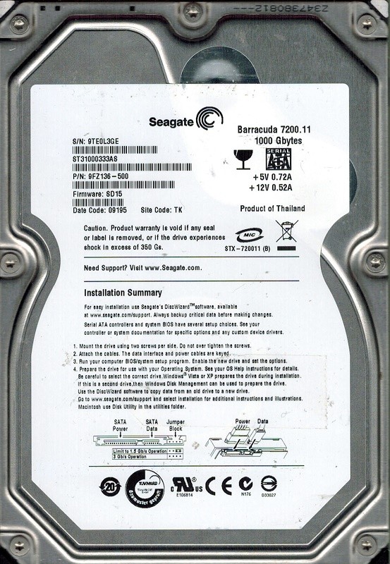 Seagate ST31000333AS P/N: 9FZ136-500 F/W: SD15 1TB TK
