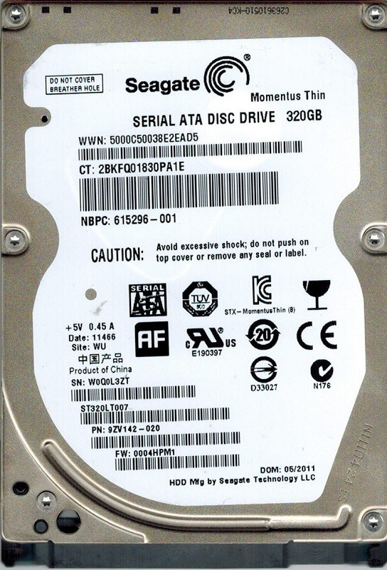 Seagate ST320LT007 P/N: 9ZV142-020 F/W: 0004HPM1 320GB W0Q WU