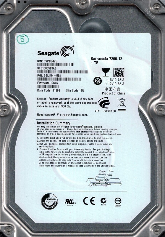Seagate ST31000528AS F/W: CC46 P/N: 9SL154-568 SU 1TB