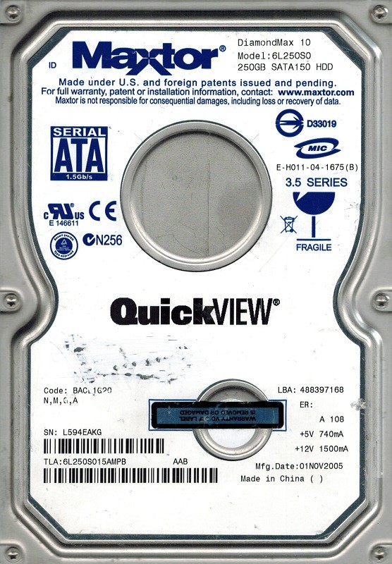 Maxtor 6L250S0 SATA 250GB CODE: BACD1G20 N,M,G,A