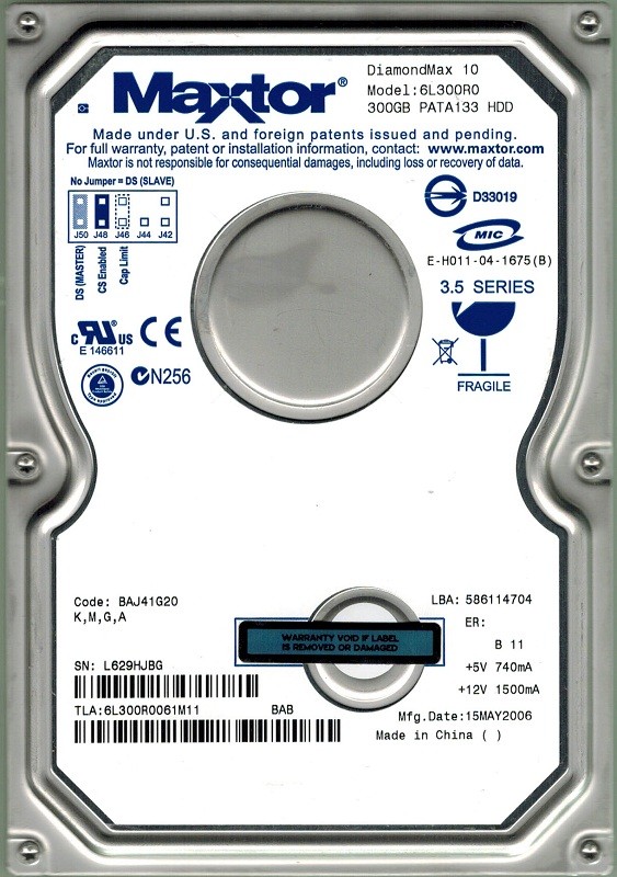Maxtor 6L300R0 300GB IDE CODE: BAJ41G20 K, M, G, A