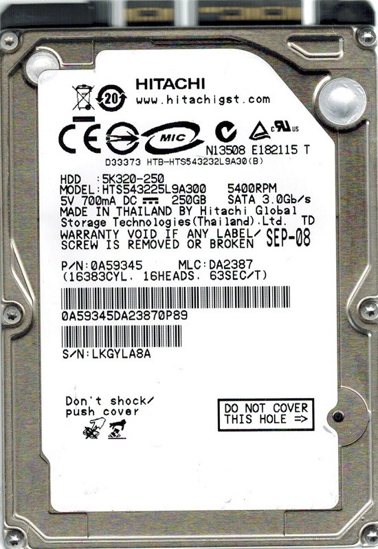 Hitachi HTS543225L9A300 P/N: 0A59345 MLC: DA2387 250GB