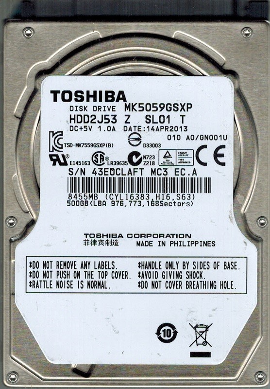 Toshiba MK5059GSXP 500GB HDD2J53 Z SL01 T F/W: A0/GN001U