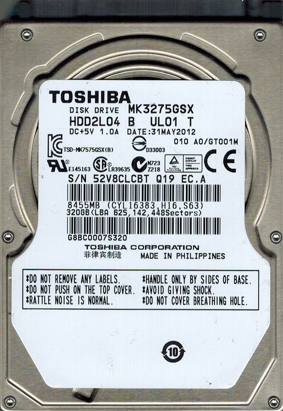 Toshiba MK3275GSX HDD2L04 B UL01 T 320GB F/W: A0/GT001M