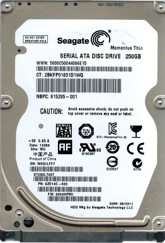 Seagate ST250LT007 F/W: 0004HPM1 P/N: 9ZV14C-020 WU 250GB