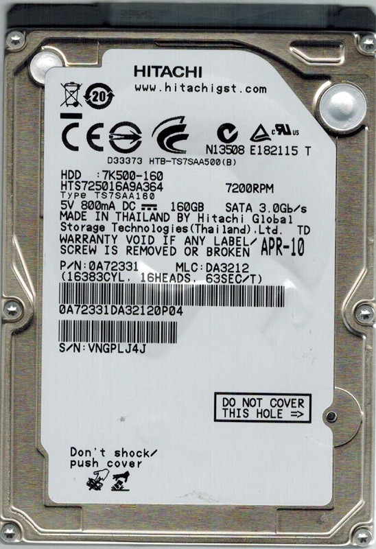 Hitachi HTS725016A9A364 P/N: 0A72331 MLC: DA3212 160GB