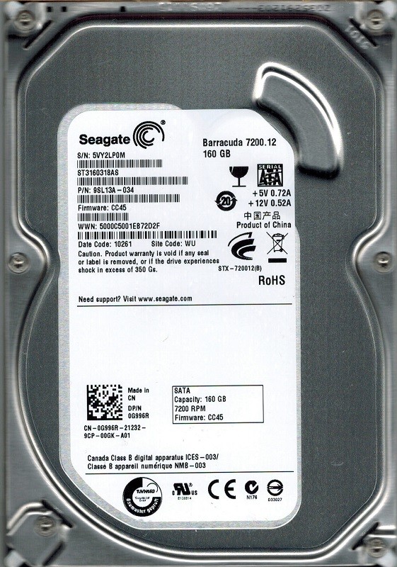 Seagate ST3160318AS P/N: 9SL13A-034 F/W: CC45 160GB WU