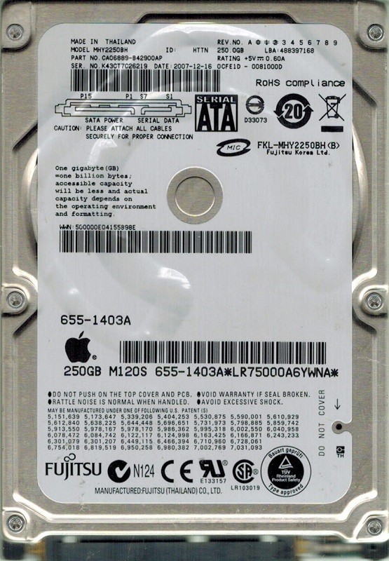 Fujitsu MHY2250BH MAC 250GB P/N: CA06889-B42900AP DATE: 2007-12-16