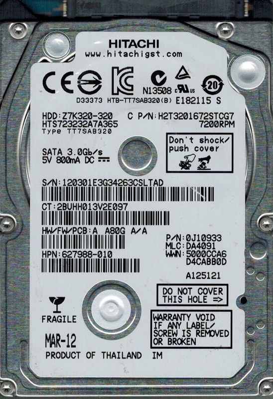 Hitachi HTS723232A7A365 P/N: 0J10933 MLC: DA4091 320GB