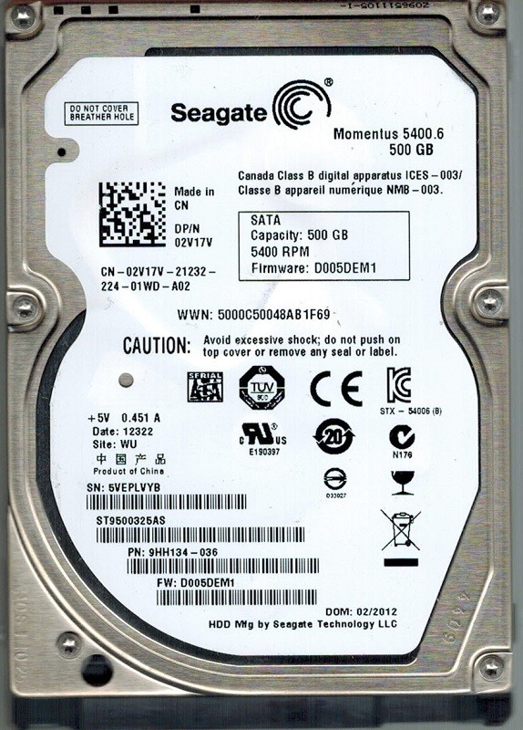 Seagate ST9500325AS P/N: 9HH134-036 F/W: D005DEM1 500GB WU