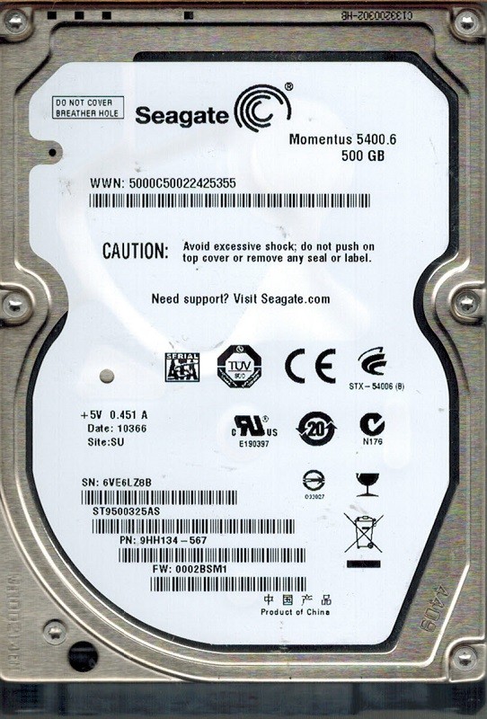 Seagate ST9500325AS P/N: 9HH134-567 F/W: 0002BSM1 500GB SU