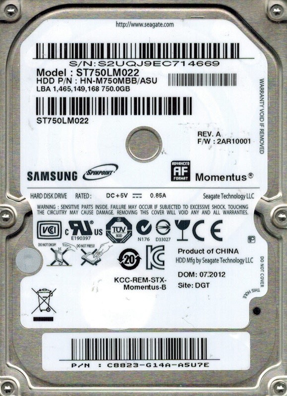 Samsung ST750LM022 HN-M750MBB/ASU P/N: C8823-G14A-A5U7E Seagate 750GB