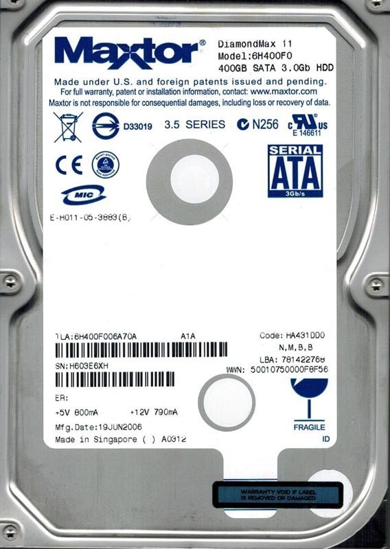 Maxtor 6H400F0 400GB SATA CODE: HA431DD0 N, M, B, B