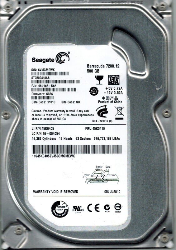 Seagate ST3500418AS P/N: 9SL142-542 F/W: CC66 SU 500GB
