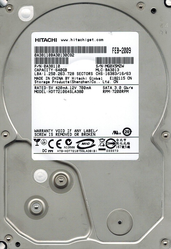 Hitachi HDT721064SLA380 MLC: BA3013 P/N: 0A38110 640GB