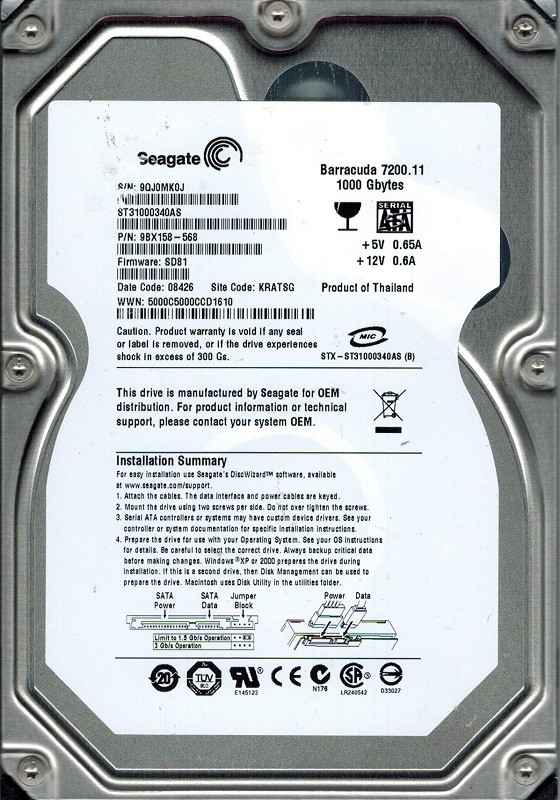 Seagate ST31000340AS P/N: 9BX158-568 F/W: SD81 1TB KRATSG