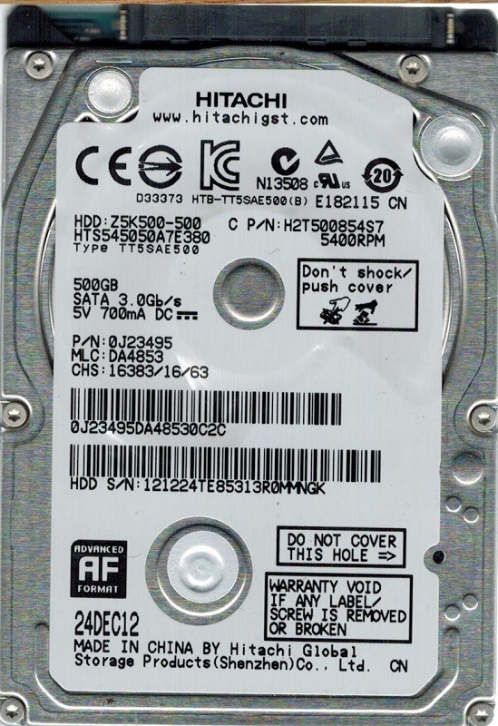 HTS545050A7E380 MLC: DA4853 P/N: 0J23495 Hitachi 500GB
