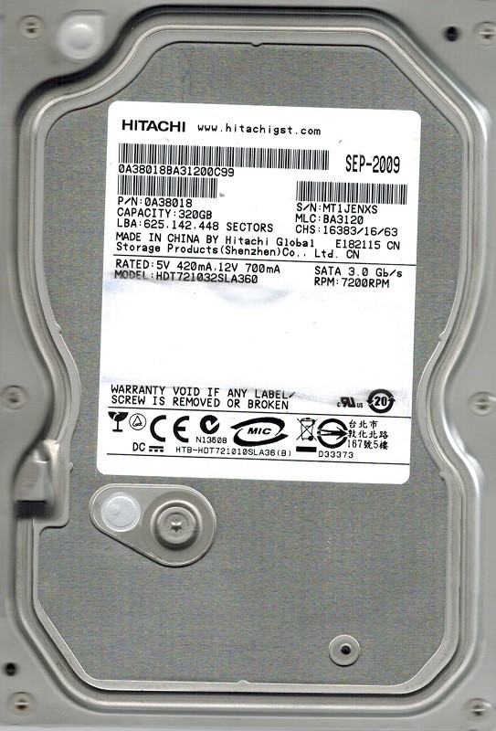 Hitachi HDT721032SLA360 P/N: 0A38018 MLC: BA3120 320GB