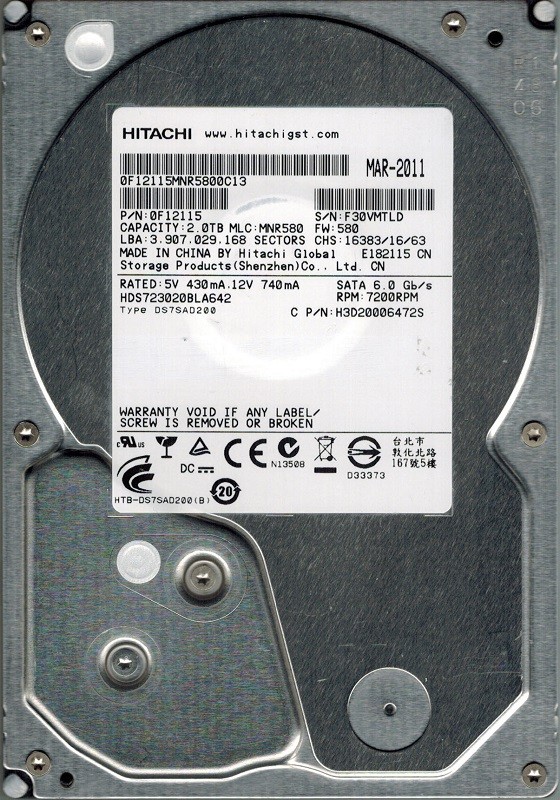 Hitachi HDS723020BLA642 P/N: 0F12115 MLC: MNR580 2TB China