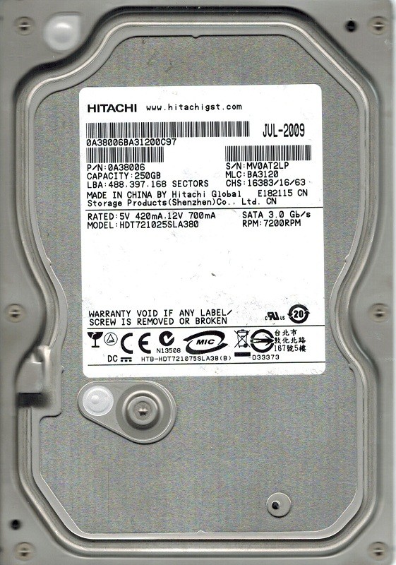 Hitachi HDT721025SLA380 P/N: 0A38006 MLC: BA3120 250GB