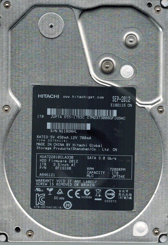 Hitachi HUA722010CLA330 P/N: 0F19160 MLC: JPT54E MAC 655-1783C 1TB