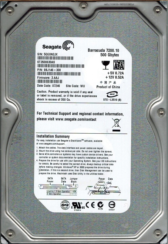 Seagate ST3500630AS P/N: 9BJ146-308 F/W: 3.AAJ 500GB WU