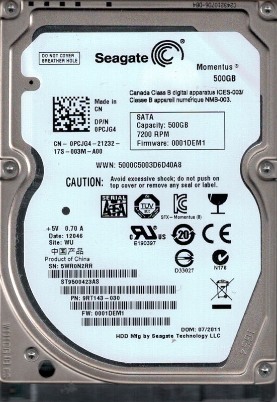 Seagate ST9500423AS P/N: 9RT143-030 F/W: 0001DEM1 500GB WU
