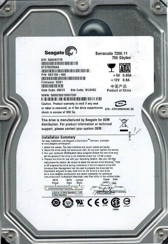 Seagate ST3750330AS P/N: 9BX156-568 F/W: SD81 WUXISG 750GB
