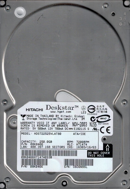 Hitachi HDS722525VLAT80 MAC 250GB P/N: 08K0466 MLC: H71474 APPLE