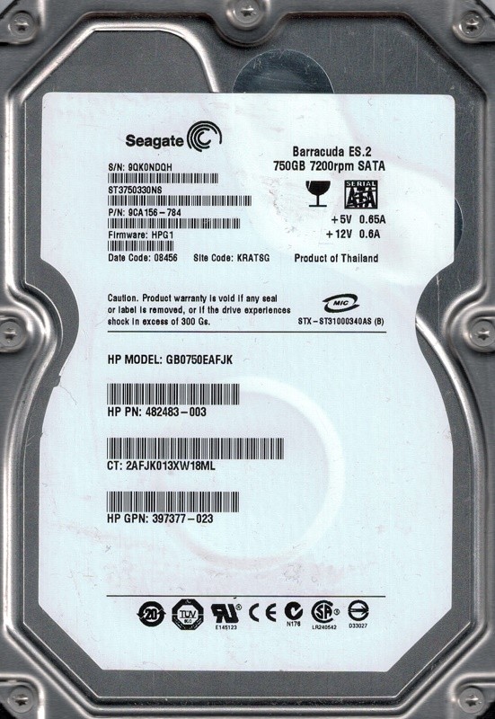 Seagate ST3750330NS P/N: 9CA156-784 F/W: HPG1 750GB KRATSG