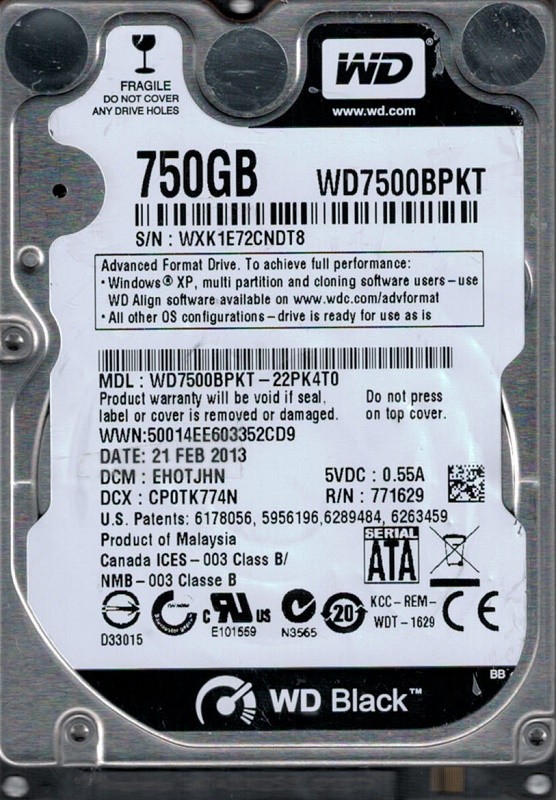 Western Digital WD7500BPKT-22PK4T0 750GB DCM: EH0TJHN