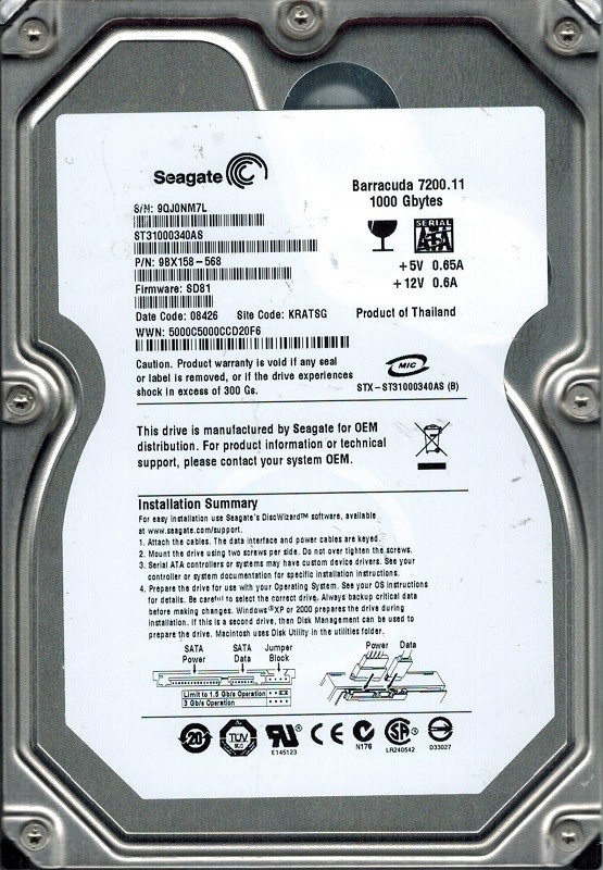 ST31000340AS Seagate F/W: SD81 P/N: 9BX158-568 1TB KRATSG
