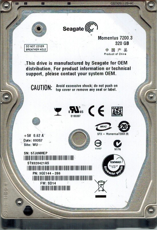 Seagate ST9320421AS P/N: 9GE144-286 F/W: SD14 320GB WU
