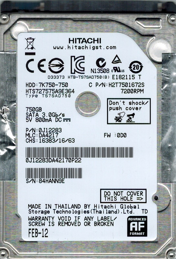 HTS727575A9E364 Hitachi MLC: DA4217 P/N: 0J12283 750GB