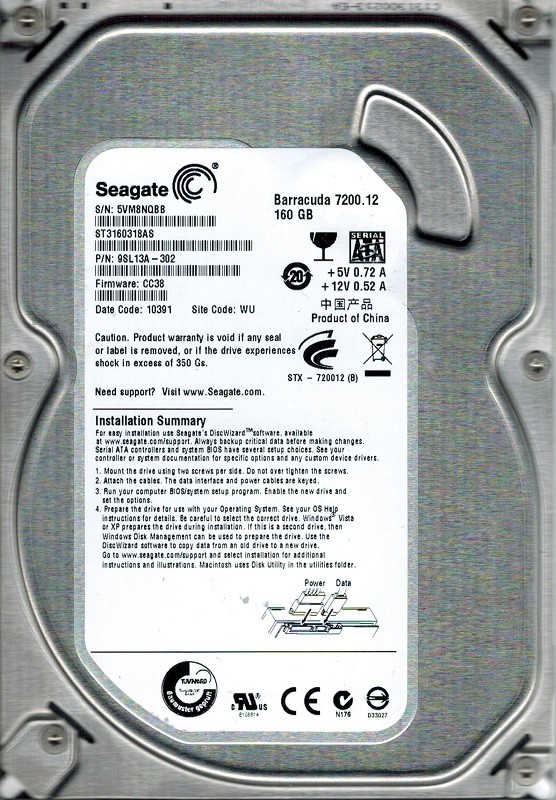 Seagate ST3160318AS P/N: 9SL13A-302 F/W: CC38 160GB WU