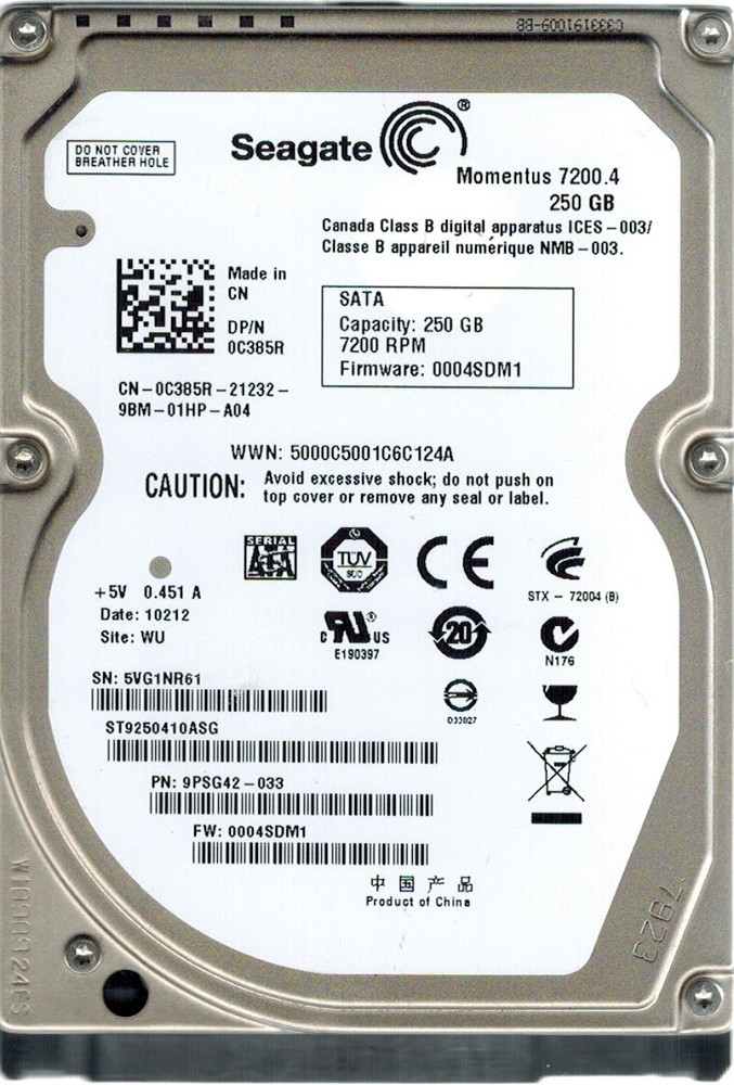 Seagate ST9250410ASG P/N: 9PSG42-033 F/W: 0004SDM1 WU 250GB