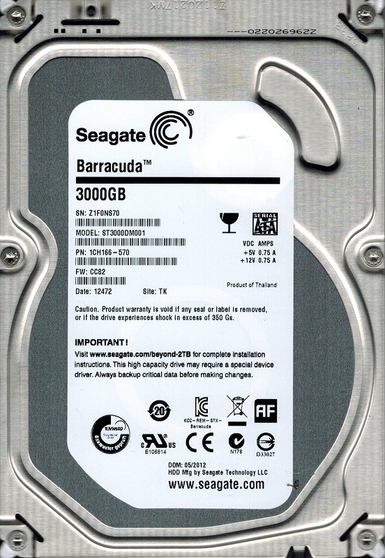 Seagate ST3000DM001 P/N: 1CH166-570 F/W: CC82 3TB TK