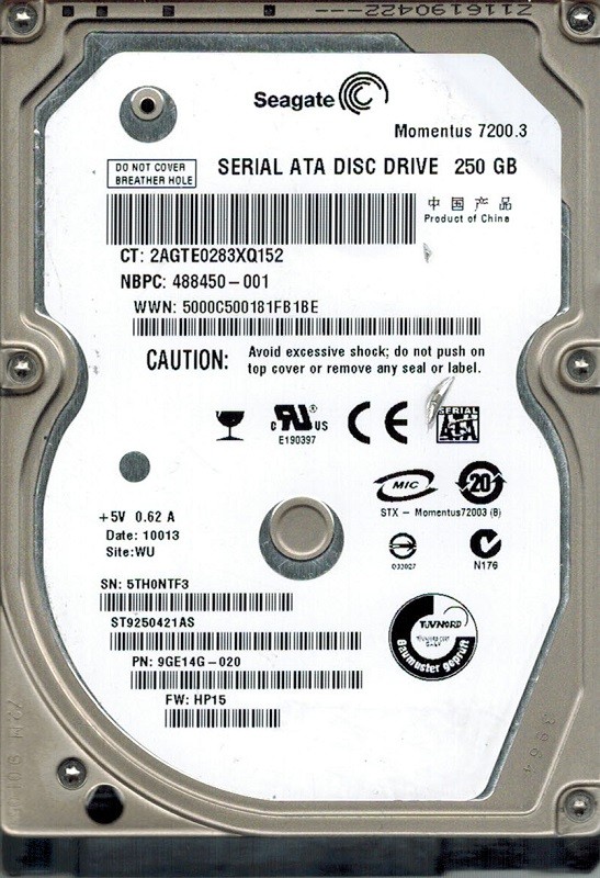 Seagate ST9250421AS P/N: 9GE14G-020 F/W: HP15 250GB WU