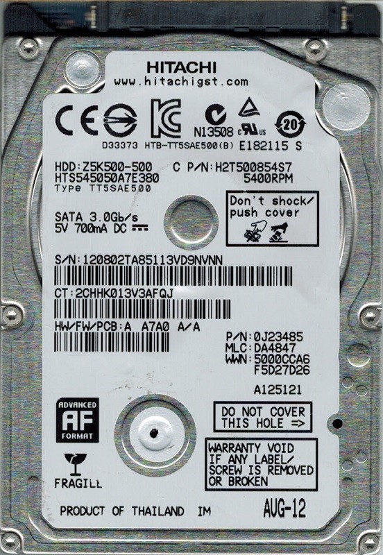 Hitachi HTS545050A7E380 P/N: 0J23485 MLC: DA4847 500GB