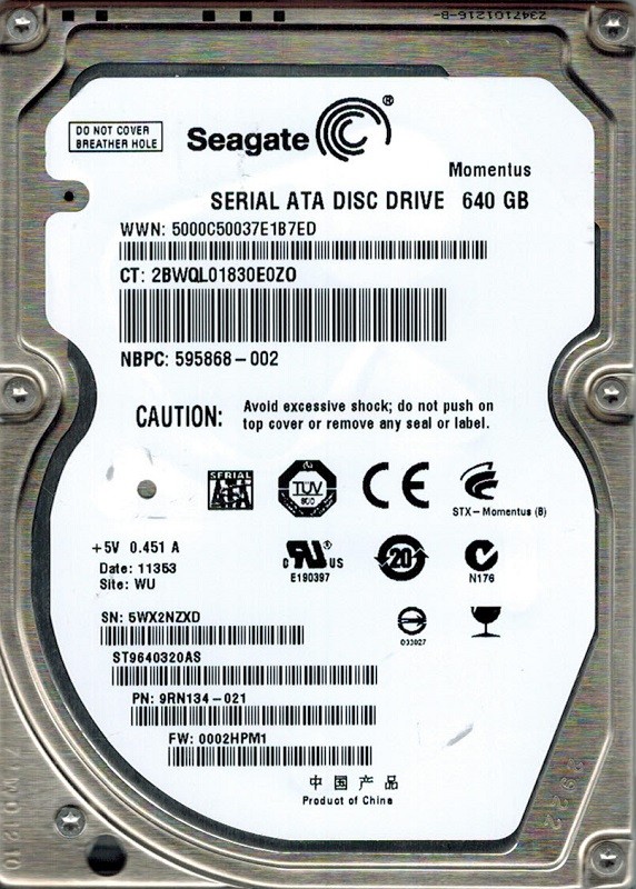 Seagate ST9640320AS P/N: 9RN134-021 F/W: 0002HPM1 WU 640GB