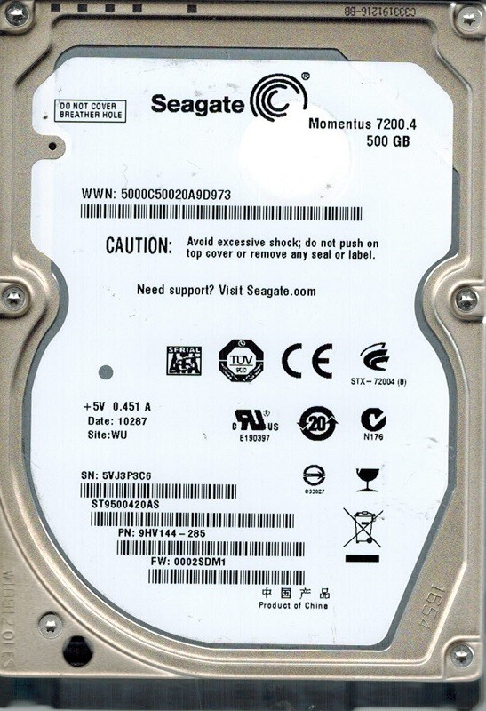 Seagate ST9500420AS P/N: 9HV144-285 F/W: 0002SDM1 WU 500GB