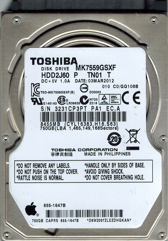 Toshiba MK7559GSXF MAC 655-1647B HDD2J60 P TN01 T 750GB