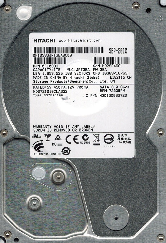 Hitachi HDS721010CLA332 1TB P/N: 0F10383 MLC: JPT3EA